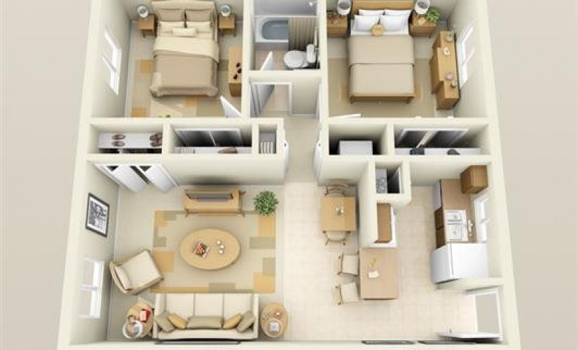 2 Bed 1 Bath - 2 bedroom floorplan layout with 1 bathroom and 800 square feet