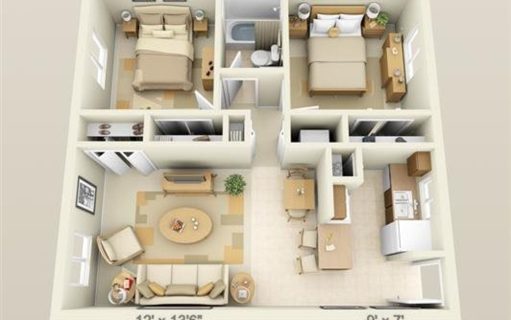 2 Bed 1 Bath - 2 bedroom floorplan layout with 1 bathroom and 800 square feet