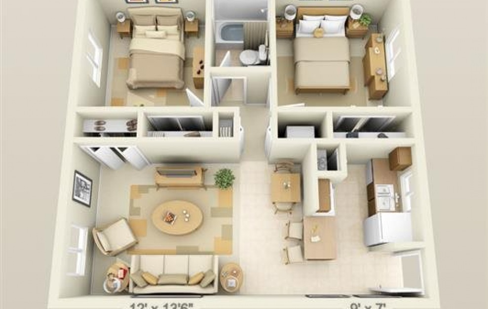 2 Bed 1 Bath - 2 bedroom floorplan layout with 1 bath and 800 square feet.
