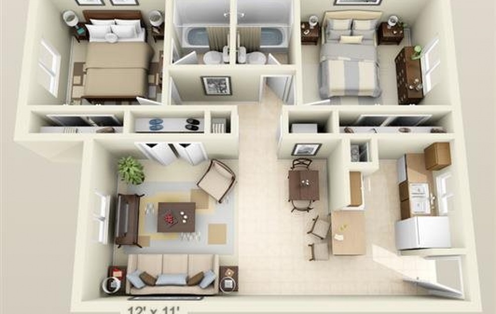 2 Bed 2 Bath - 2 bedroom floorplan layout with 2 baths and 900 square feet.